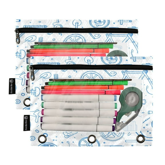 Ckdifva Blue Bikes and Tools Pencil Pouch 3 Ring Zipper Pencil Case Binder Pockets Clear Top Cosmetic Bag 2 Pack