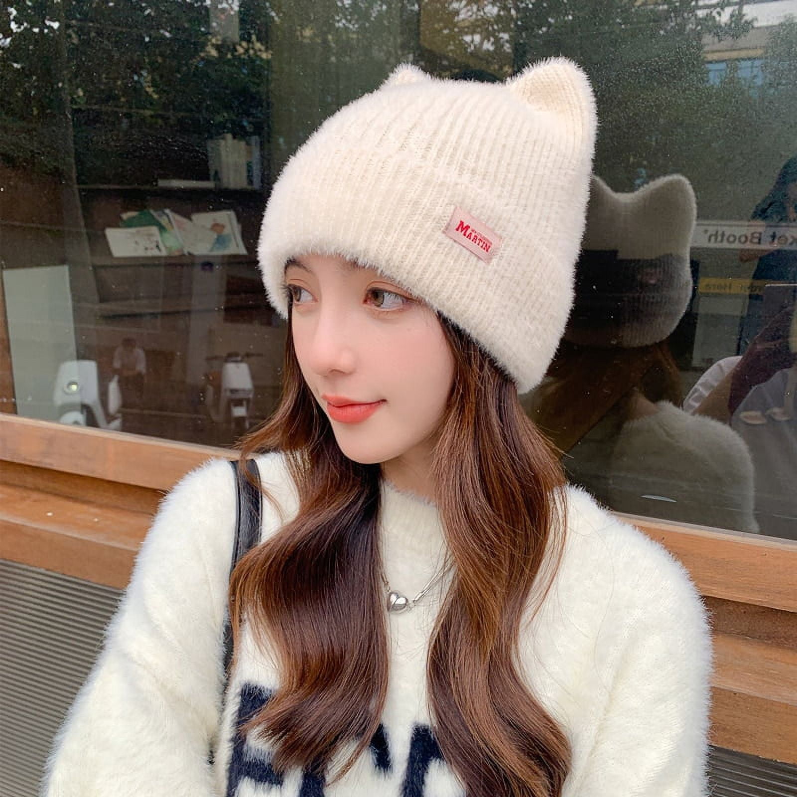 PHOGARY 2 Pieces Cat Ear Beanie Hats, Cute Cat Knitted Hat Winter Knit Cable Caps Headgear Crochet Hats For Women Girls, Black Beige, One Size