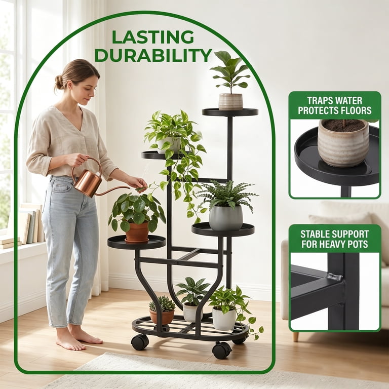 5-Tier Rolling Metal Plant Stand with Lockable Wheels photo 5