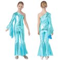thumbnail image 3 of Mono de gimnasia con mangas acampanadas para niñas, mono de un hombro y campana metálico brillante, trajes de ballet y danza jazz, 3 of 5