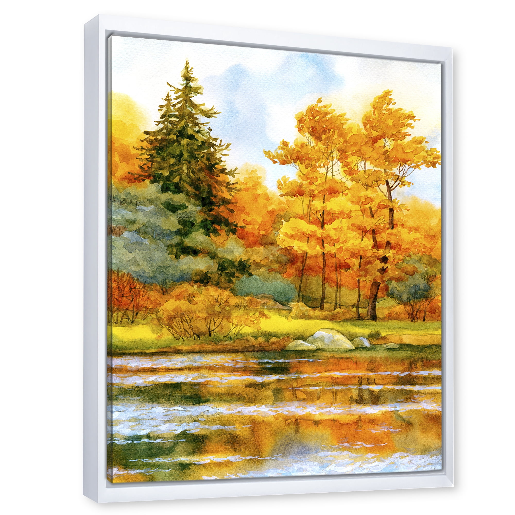 Autumn Forest By The Lake Side II 30 in x 40 in Framed Painting Canvas Art Print, by Designart