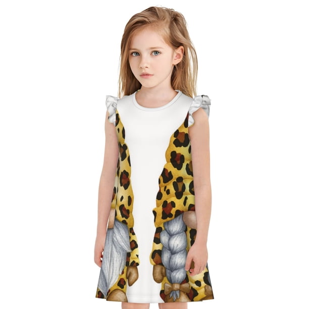 Fotbe Leopard Gnomes Vestido de Dormir para Niñas de 3 a 10 Años, Mangas Cortas, Estilo Princesa, Pijama Camisón con Mangas Voladas-Large