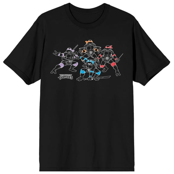 TMNT Classic Retro Cartoon Turtle Group Outline Color Pop Crew Neck Short Sleeve Men's Black T-shirt-Medium