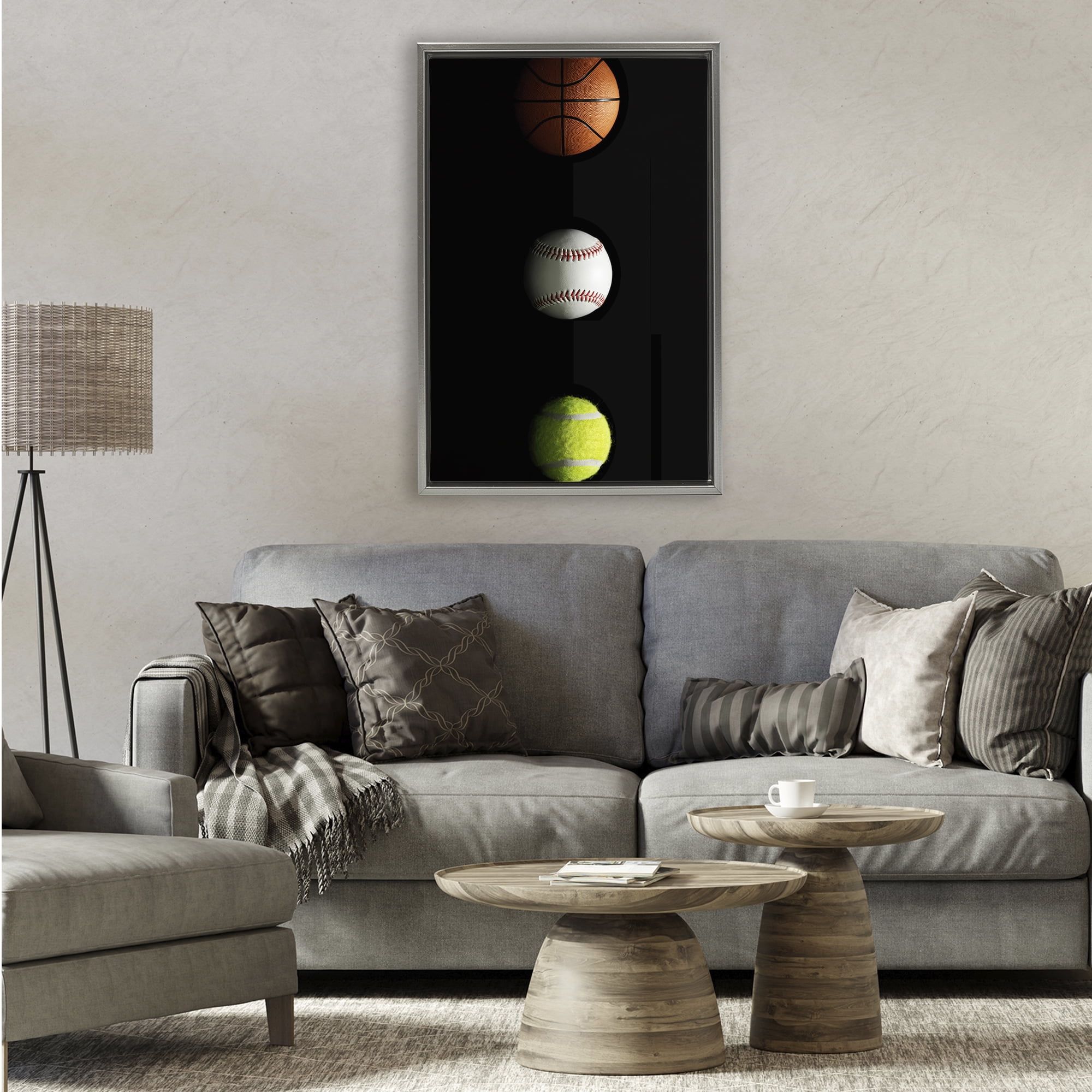 Stupell Industries Sports Balls Spotlight Gray Framed Floater Canvas Wall Art, design by Jesse Keith