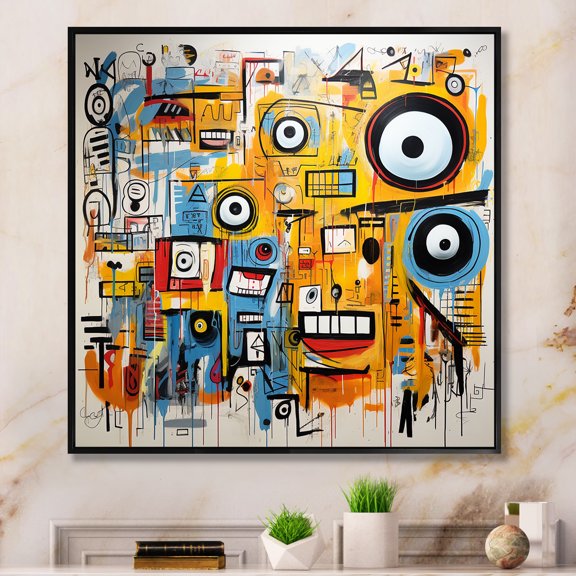 Designart "Graffiti Art Eyes Chaos in Yellow and Blue I" Abstract Framed Wall Art - Transitional Yellow Abstract Collages Entryway Framed Wall Art Print