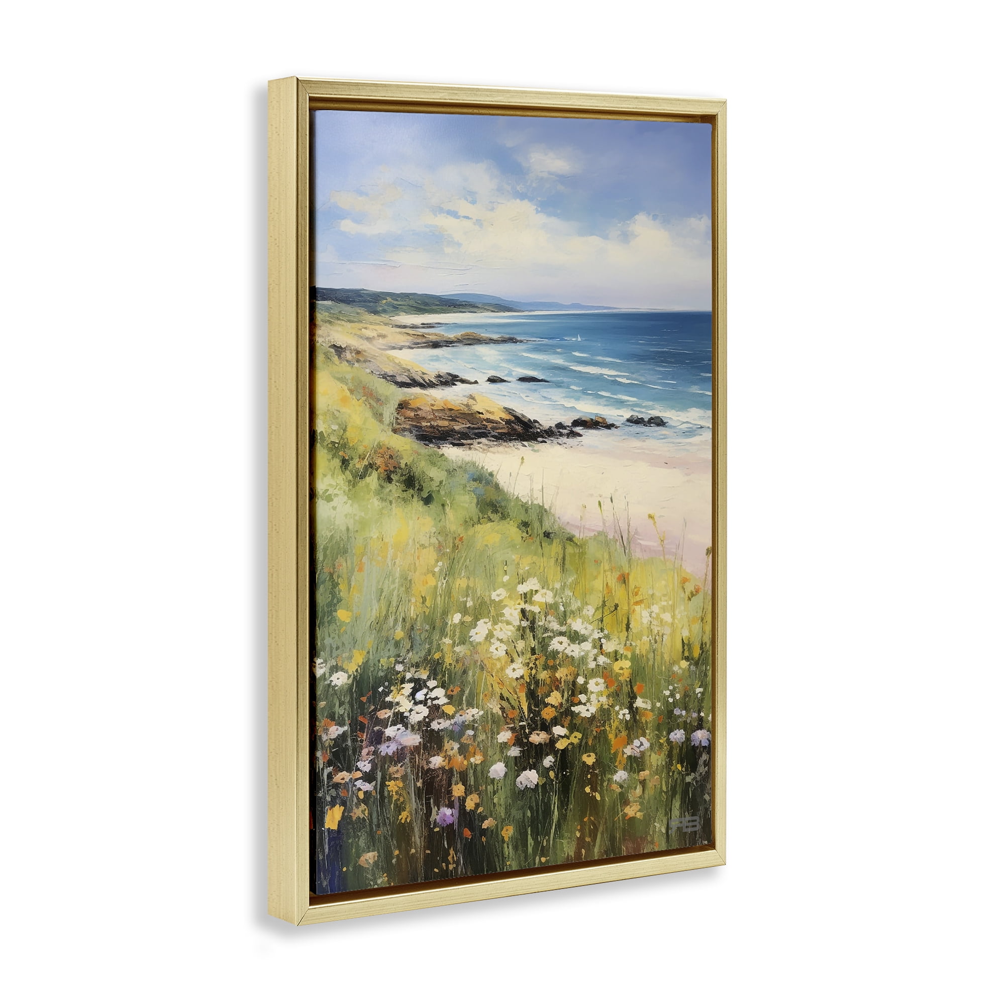 Stupell Industries Meadow Beside Beach Landscape Painting Gold Floater Framed Canvas Art Print Wall Art, 17 x 25