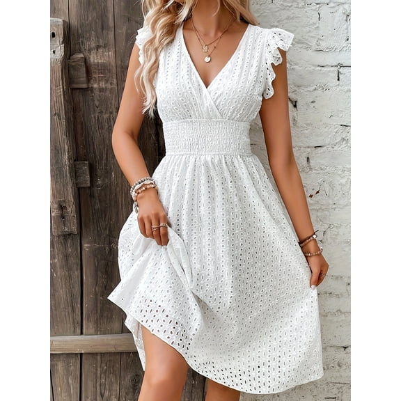 Solid Color Surplice Neck Dress, Elegant Ruffle Sleeve A-line Dress For Spring & Fall, Women's Clothing