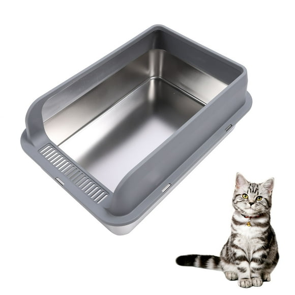 High Sides Cat Litter Box Stainless Steel Litter Box, Large Size Kitty Litter Box with Lid, Semi Enclosed Cat Litter Box for Large Cats