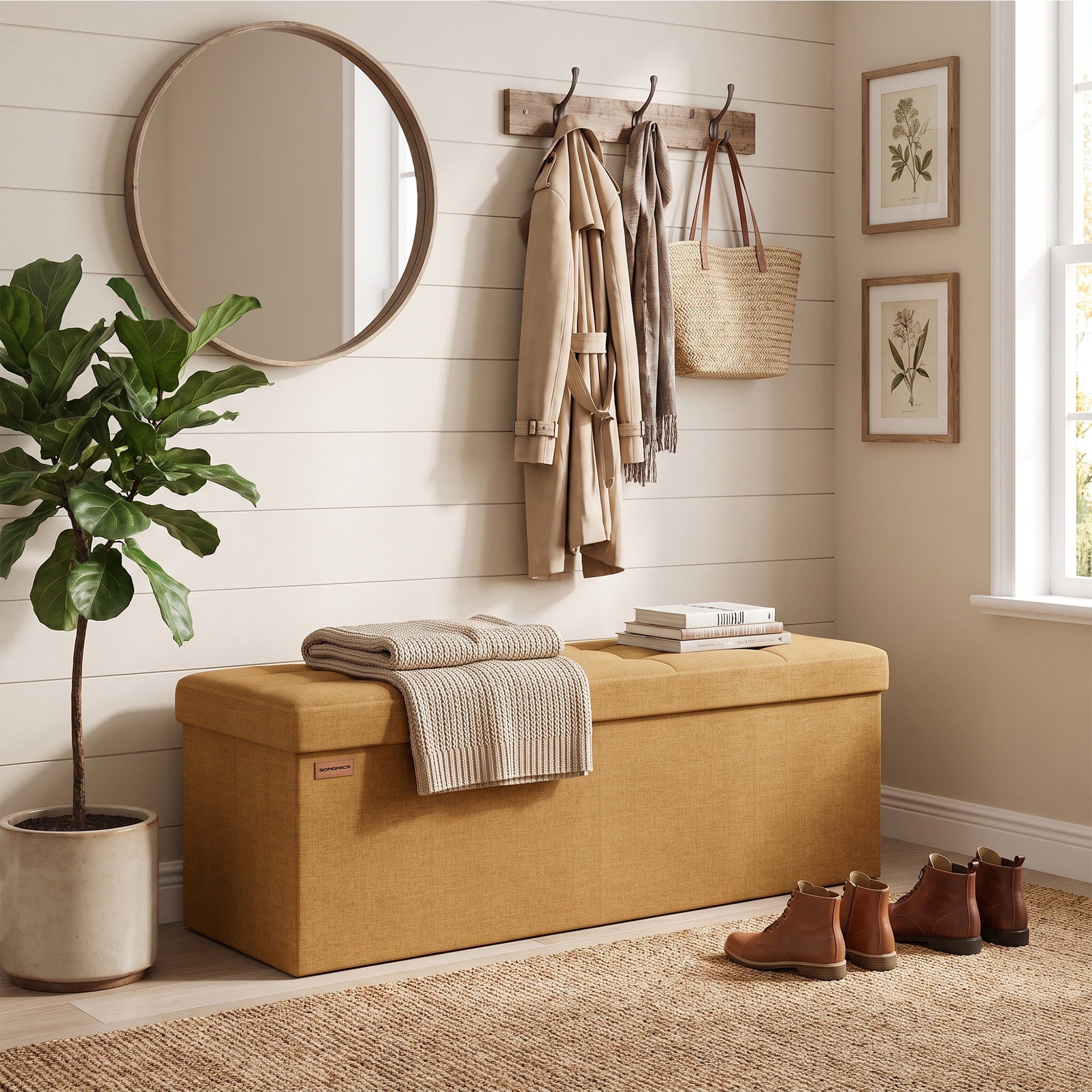 Ledrem 43" Foldable Storage Ottoman Bench, Multi-Functional Seating, Ginger