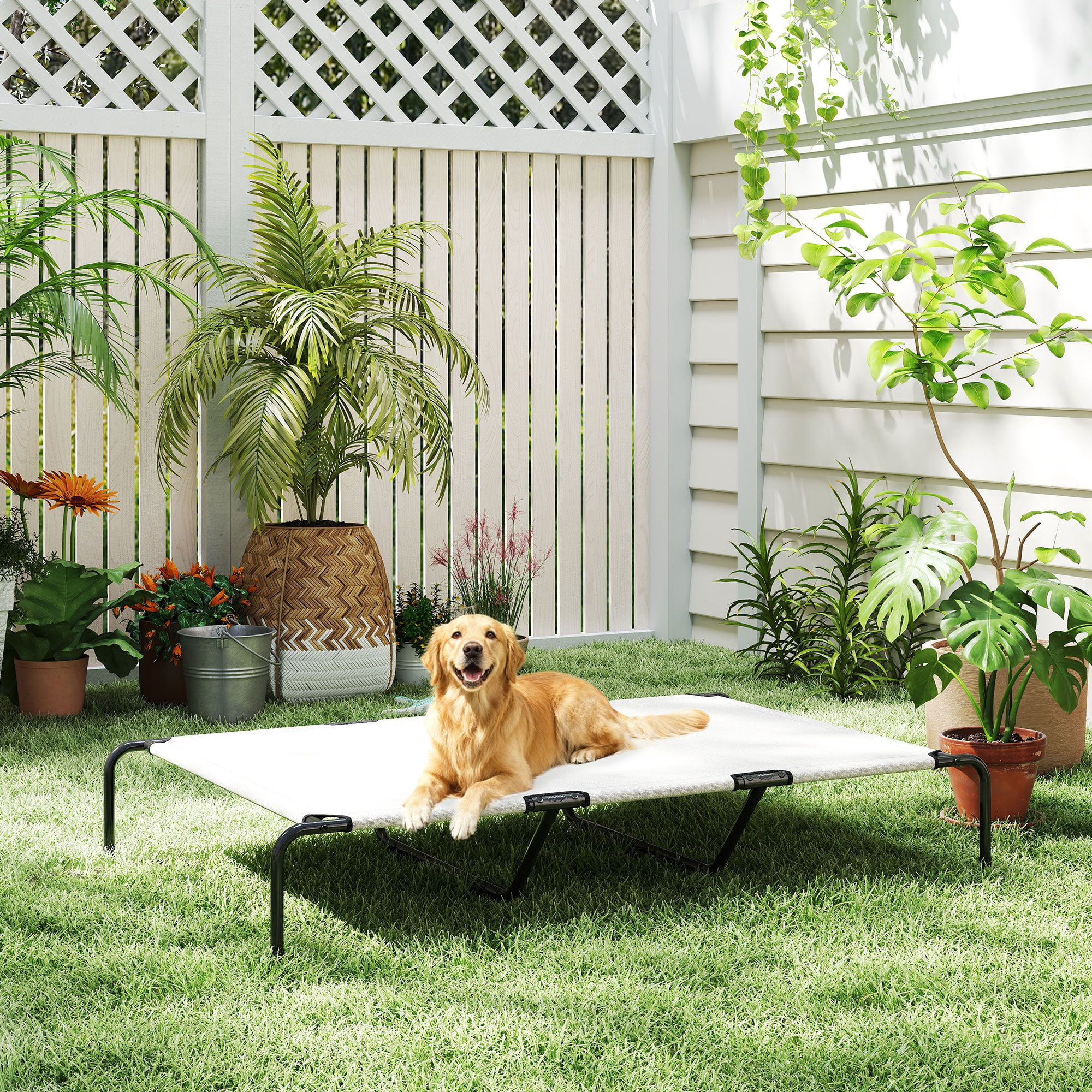 Elevated Dog Bed for Large Breeds 60"L Raised Cooling Pet Cot with Breathable Teslin Mesh 149 lbs Capacity Indoor Outdoor Dog Bed Beige