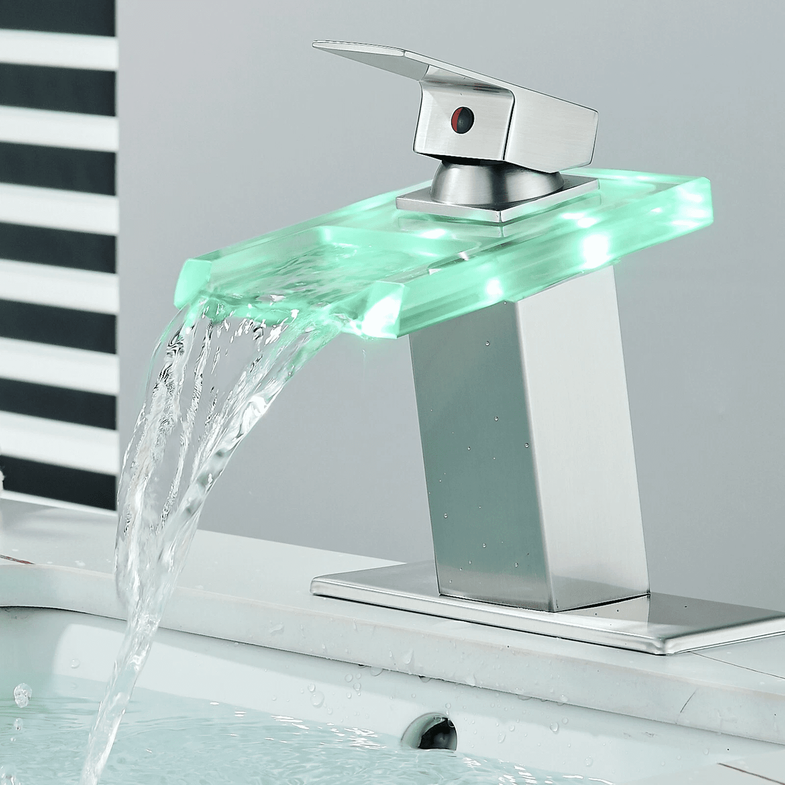 Zovajonia Brushed Nickel LED Bathroom Sink Faucet Single Hole 4 Inch Centerset Waterfall Faucet Glass Spout with Deck Plate