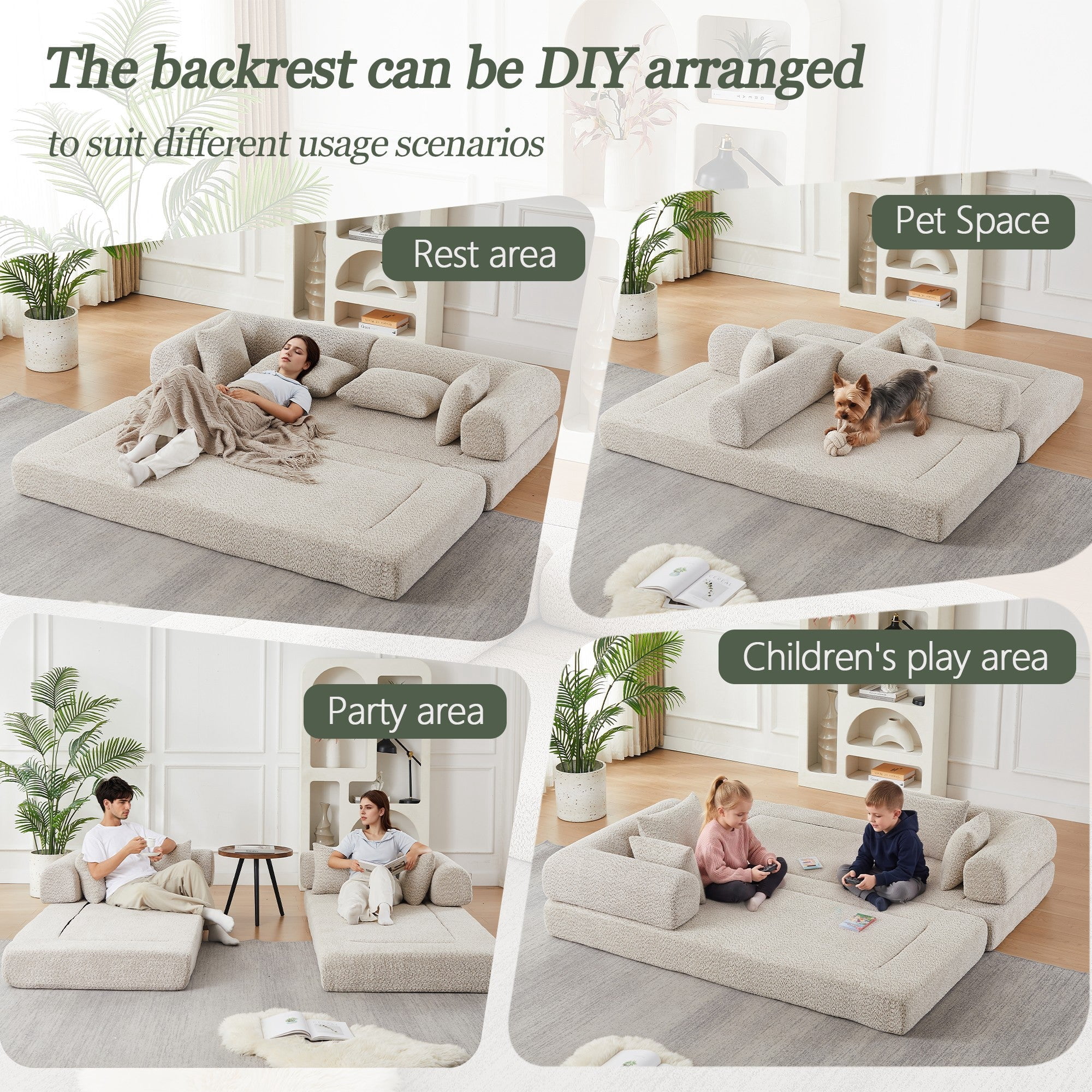 Sailvan 78.9" Convertible Sleeper Sofa, Modular Chenille Folding Mattress Sofa Bed with 4 Pillows, No Assembly Floor Lounge for Living Room khaki