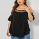 thumbnail image 2 of Camiseta de talla grande para mujer Summmer asimétrica de encaje con retazos cuello redondo manga corta informal con hombros descubiertos Fridja  bn7094, 2 of 7