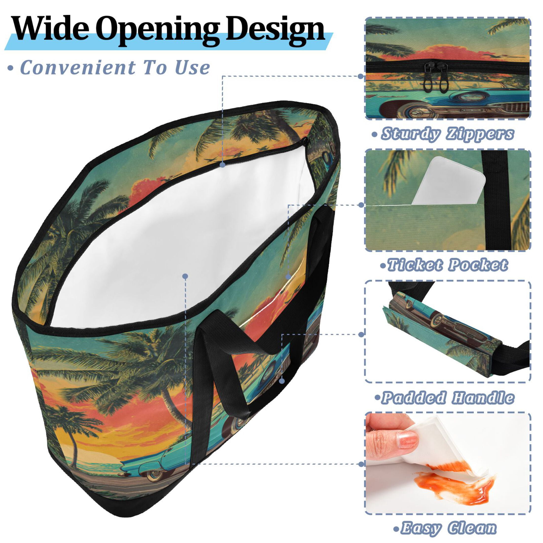 Extra-Large Wide Opening Design Capacity Hand-Held Ice Pack Thickened Insulation Layer For Long-Lasting Cold Retention For Outdoor Shopping Picnics And Camping Blue Vintage Cabriolet