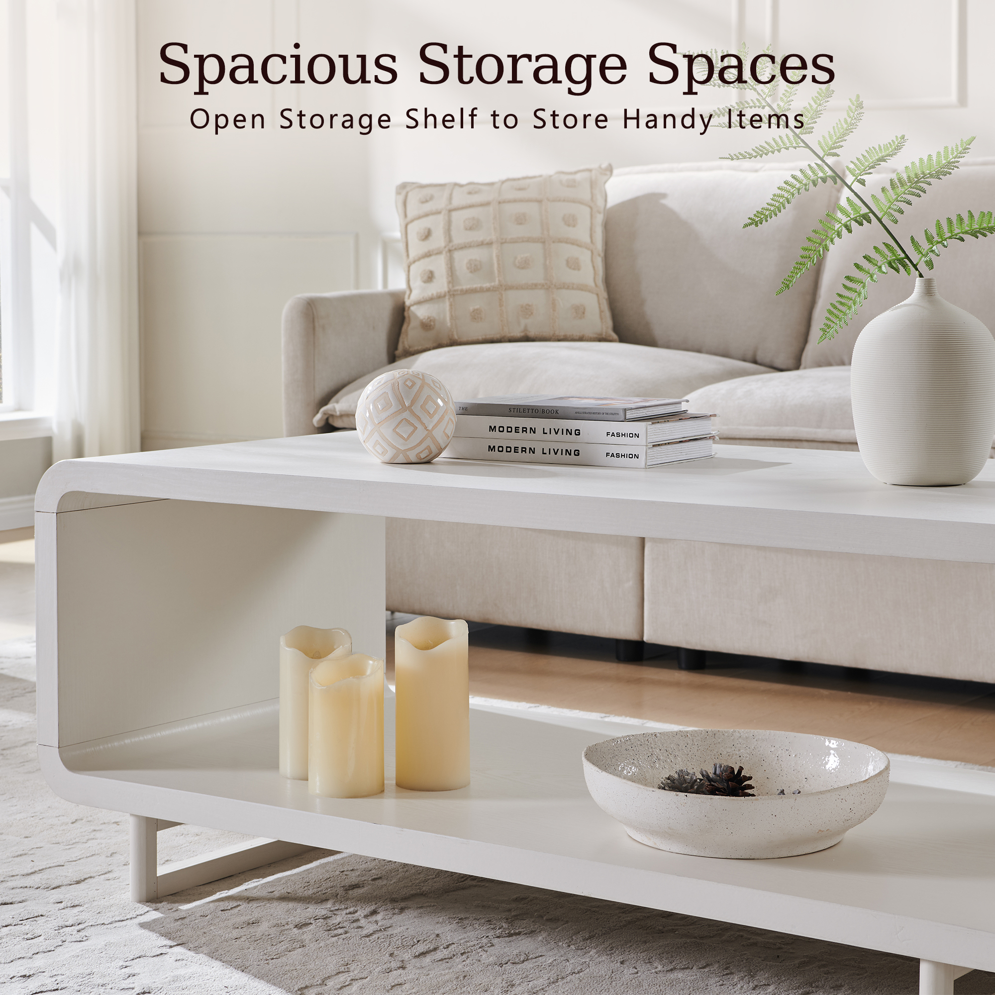 SinCiDo Modern Coffee Table with Storage Shelf, 2-Tier Wooden Rectangular Minimalist Center Table, Curved Profile Design for Living Room, Office, White