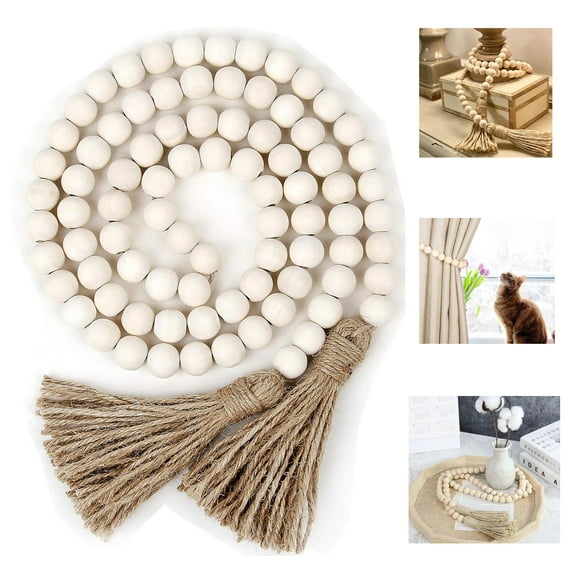 Wood Bead Garland with Tassels,Farmhouse Beads Rustic Wooden Beads Decorative 58inch Boho Beads Country Decor Wall Hanging Decor Coffee Table Decor