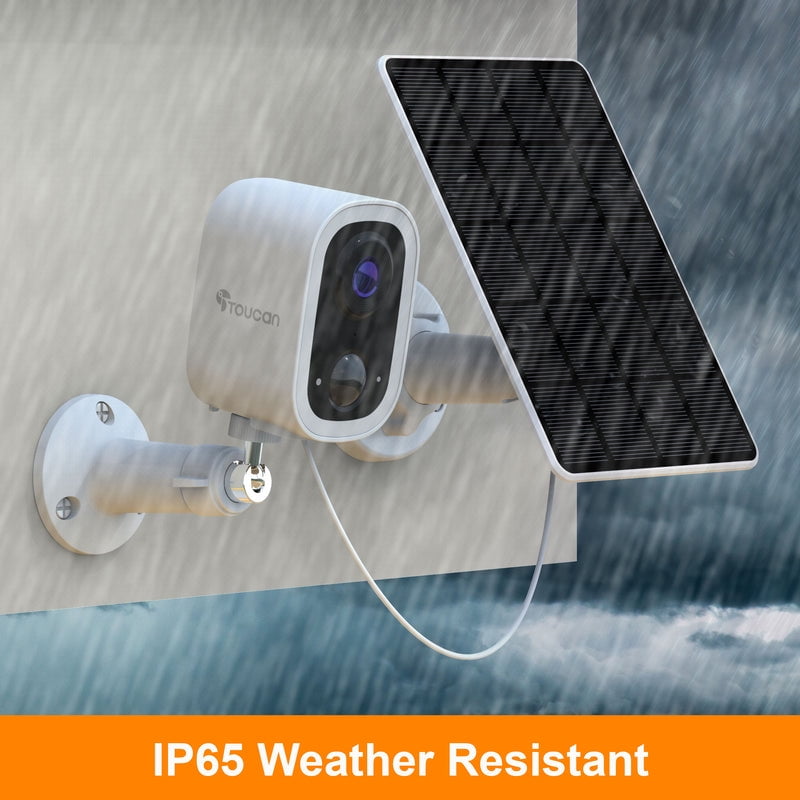 Toucan Wireless Security Camera S4 2K Video, and EcoPower Solar Charger Bundle, No Monthly Fees, Weatherproof, 2.4 GHz Wi-Fi, Rechargeable, Smart PIR Motion Sensor, Auto Greetings, two-way talk