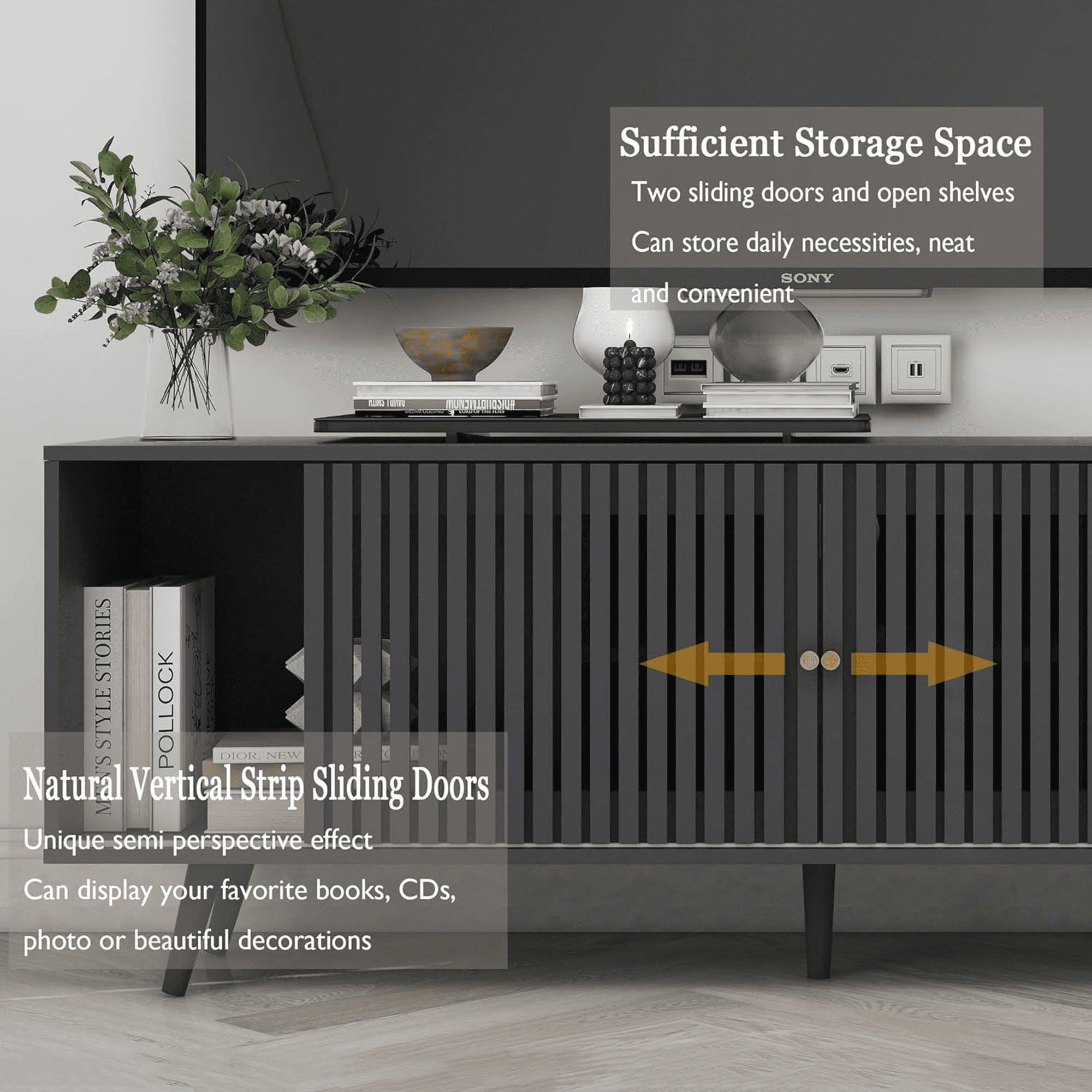 Lisicue Mid-Century Modern TV Stand for TVs up to 70 Inches with Sliding Doors and Storage, Black