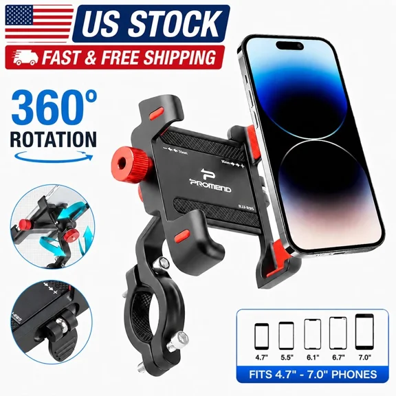Aluminum Bike Phone Mount Holder-360° Adjustable Bicycle Cell Phone Stand, Universal for iPhone17/16/15/14 ..., Galaxy S10/S23/S24/S25/S26 and other Phones under 7" (Handlebar Mounted)