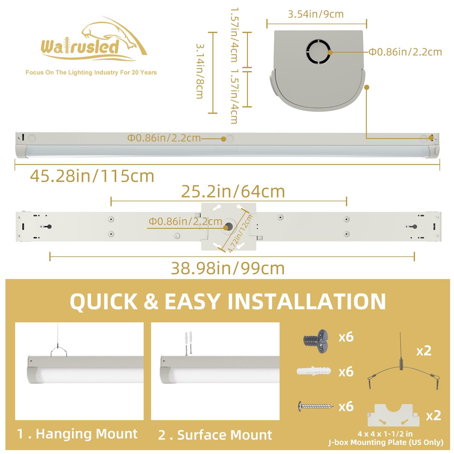4FT LED Linear Strip Stairwell Light, 20W/40W CCT Selectable, 2500lm/5000lm 3000K/4000K/5000K, 100-277V, IP20, CRI 85, 0-10V Dimmable 4 Foot Commercial Linkable LED Shop Ceiling Light Fixture,ETL DLC
