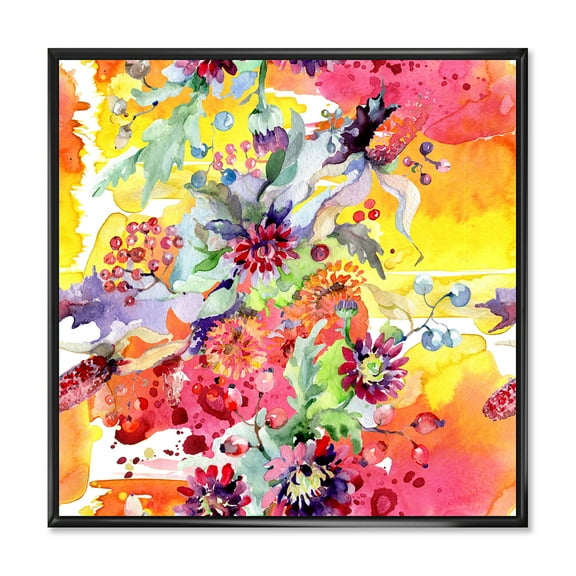Wildflowers and Vibrant Wild Spring Leaves 16 in x 16 in Framed Painting Canvas Art Print, by Designart