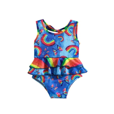 

Nokpsedcb Toddlers Kids Girls Summer Swimwear Infants Cartoon Rainbow Butterfly Printed Sleeveless Ruffled Romper Beachwear Blue 3-4 Years