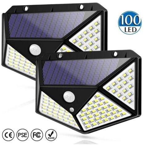 Juego de 2 focos solares con sensor de movimiento, 100 LED, luz solar de pared de cuatro lados