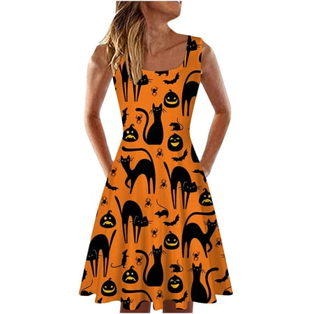 

Black Dresses for Women Sexy Dresses for Women Fashion Women Summer Crew Neck Halloween Printed Loose Comfy Sleeveless Dress Summer Savings Clearance 2022 Casual Dresses Corset Dress Orange M