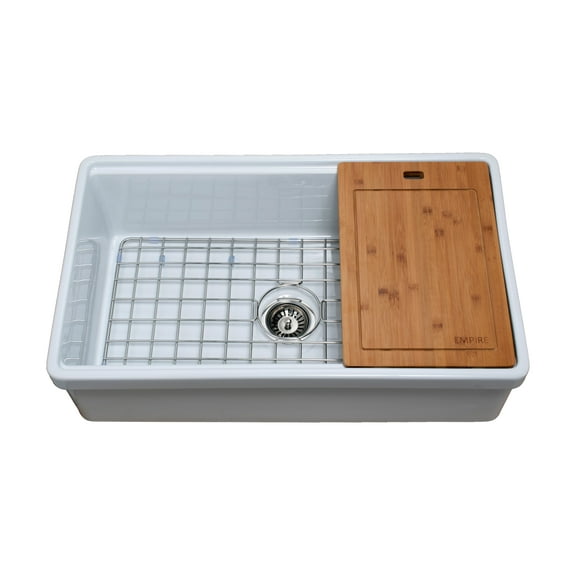 Tosca Farmhouse Fireclay 33" Single Bowl Kitchen Sink with Grid, Cutting-Board and Strainer in White