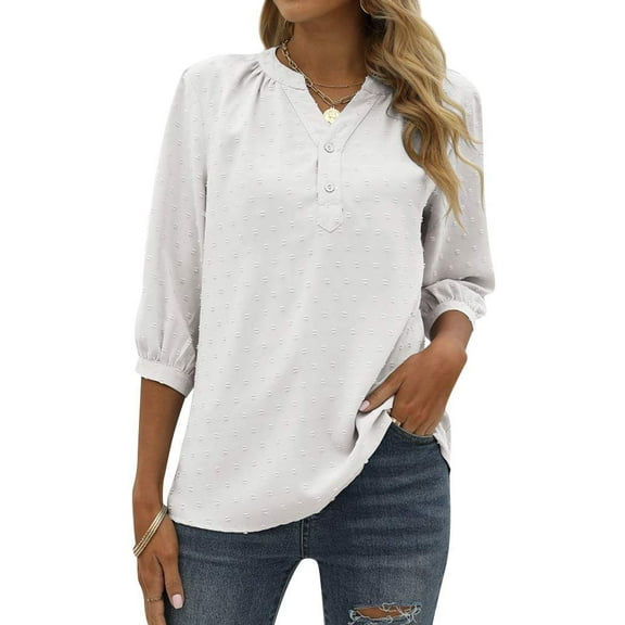 ZXSXSY Women Swiss Dots Henley Neck Button Up 3/4 Sleeve Blouse