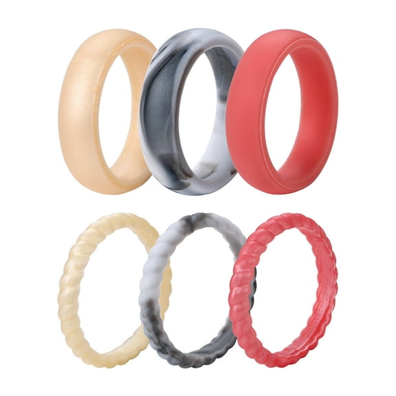 Avaner 6 Pack 3mm Silicone Wedding Ring for Women, Thin and Braided Rubber Band, Fashion, Colorful, Comfortable fit, Skin Safe, Size 4