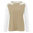 thumbnail image 4 of WREESH Womens Fashion T-Shirts Color Block Casual Round-Neck Lace Hollow Out Long Sleeve Pullover Slimming Blouse T-Shirt Tops Khaki, 4 of 5