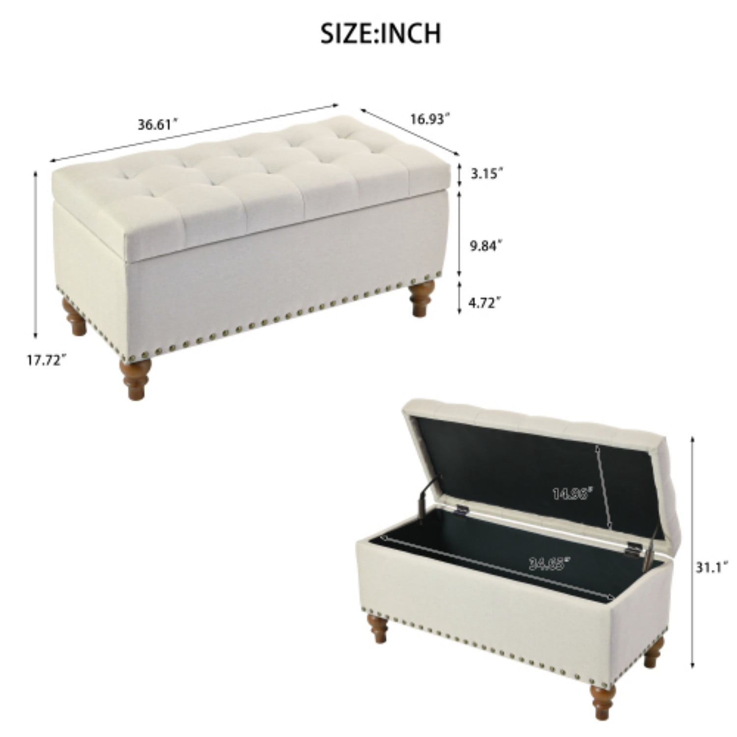 Storage Ottoman Bench with Hinged Lid, Linen Upholstered Footrest with Hidden Storage, Bedroom Entryway Living Room Bench, Beige