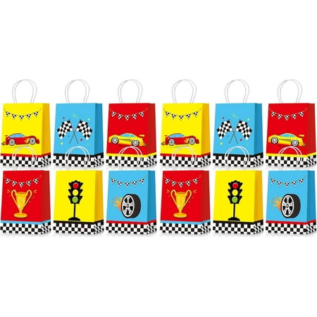 24 Pieces Race Car Party Favor Bags Car Birthday Party Supplies Goodie Gift Treat Bags with Handles for Checkered Flag Race Theme Two Fast Birthday Decorations Boy Gifts