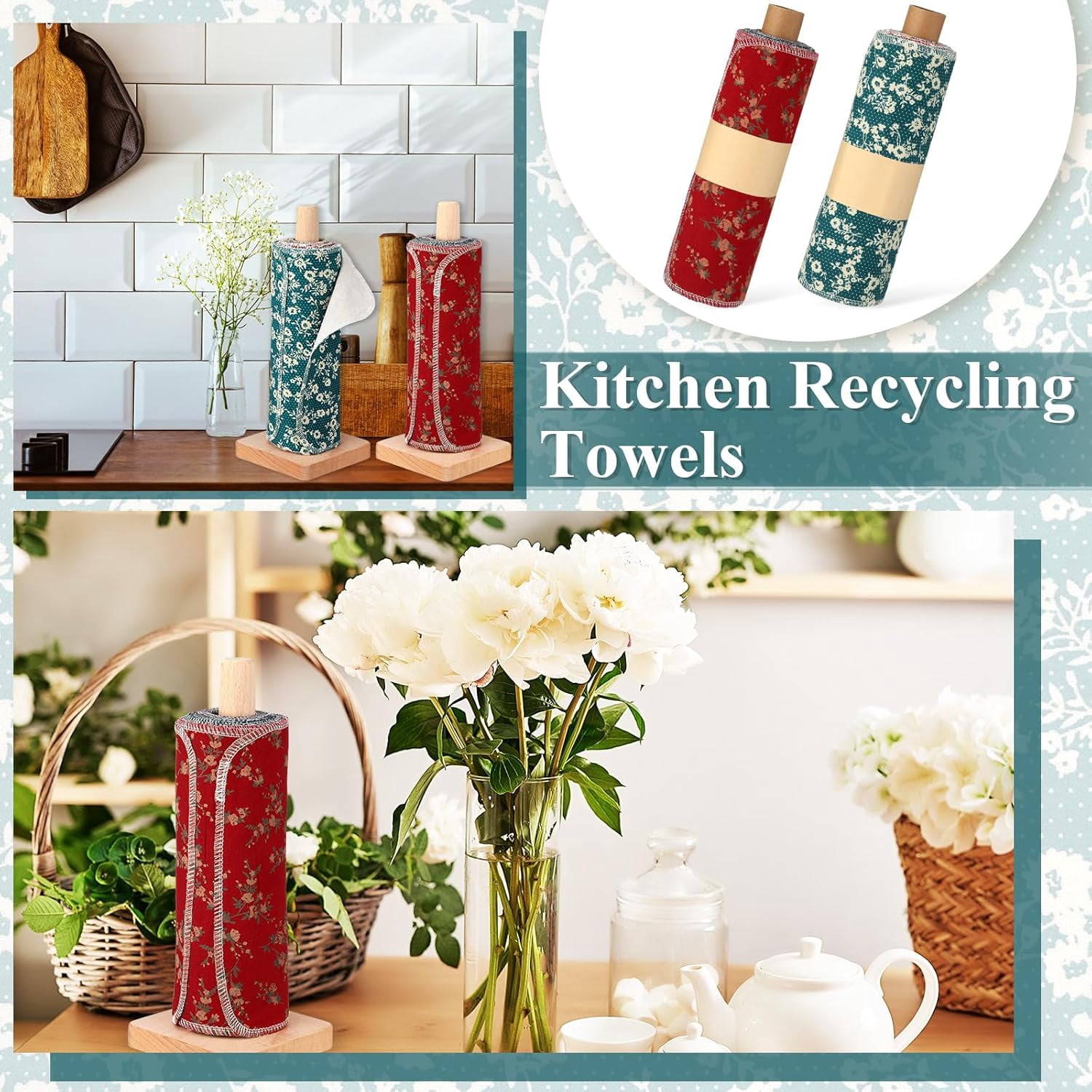 50 Pcs Reusable Paper Towels Paperless Reusable Cotton Cloths Toilet Absorbent Washable Paper Towels with Roll Kitchen Dishcloth for Kitchen Paperless Dishcloths(Floral)