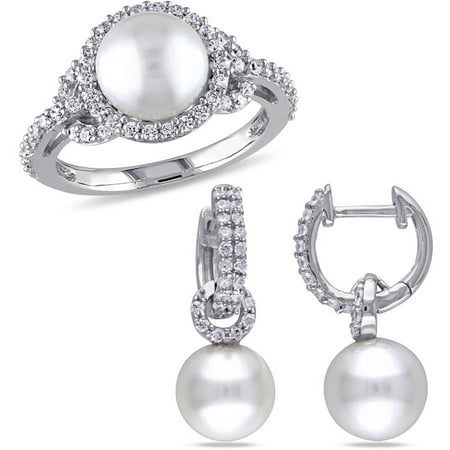 8-9mm White Cultured Freshwater Pearl and 2-1/10 Carat T.G.W. CZ Sterling Silver Dangle Earrings and Halo Cocktail Ring