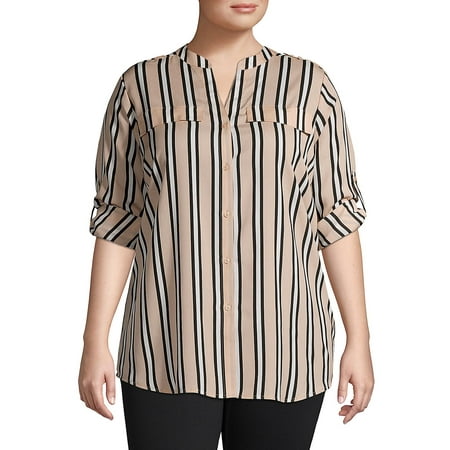 Striped Roll-Sleeve Blouse
