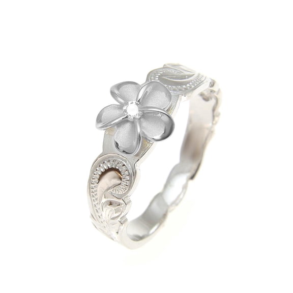 925 sterling silver rhodium plated Hawaiian scroll cz plumeria flower ring size 4