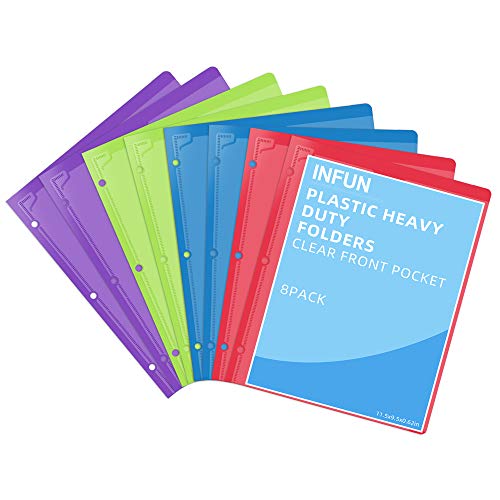 INFUN 8 Pack Heavy Duty Plastic Folders with Clear Front Pockets , 4