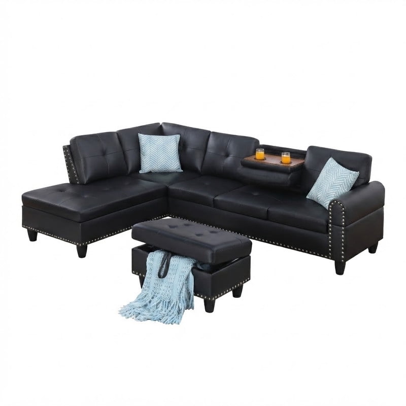 L-Shaped Sectional Sofa with Storage Ottoman, 4-Seat Modern Couch with Left-Facing Chaise and Built-In Cup Holders, Faux Leather Modular Sofa for Living Room, Apartment, Office