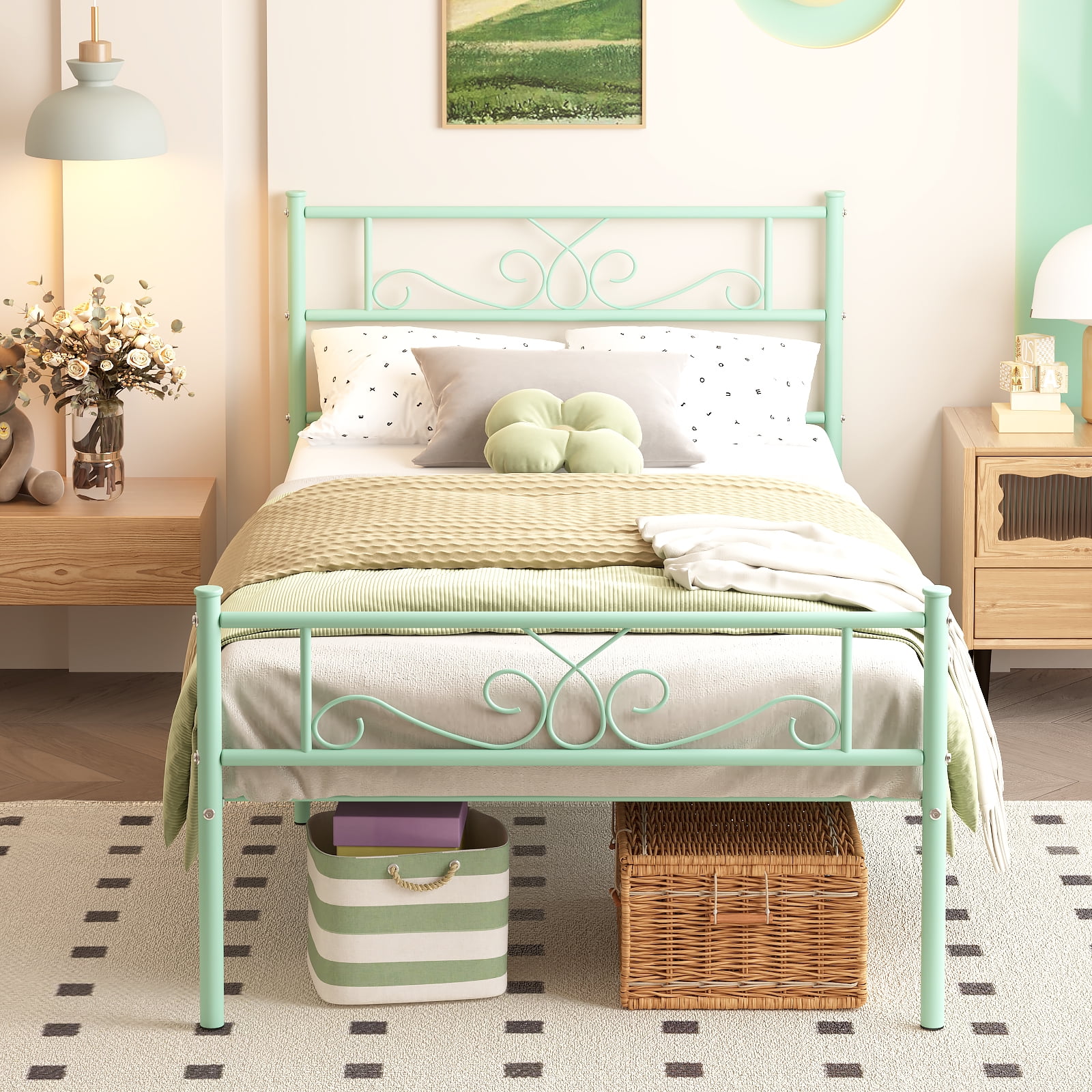Yoneston Twin Size Metal Platform Bed Frame with Headboard, 12.7” Single Bed Frame for Kids, Teens, Adult Bedroom Furniture, Mint Green