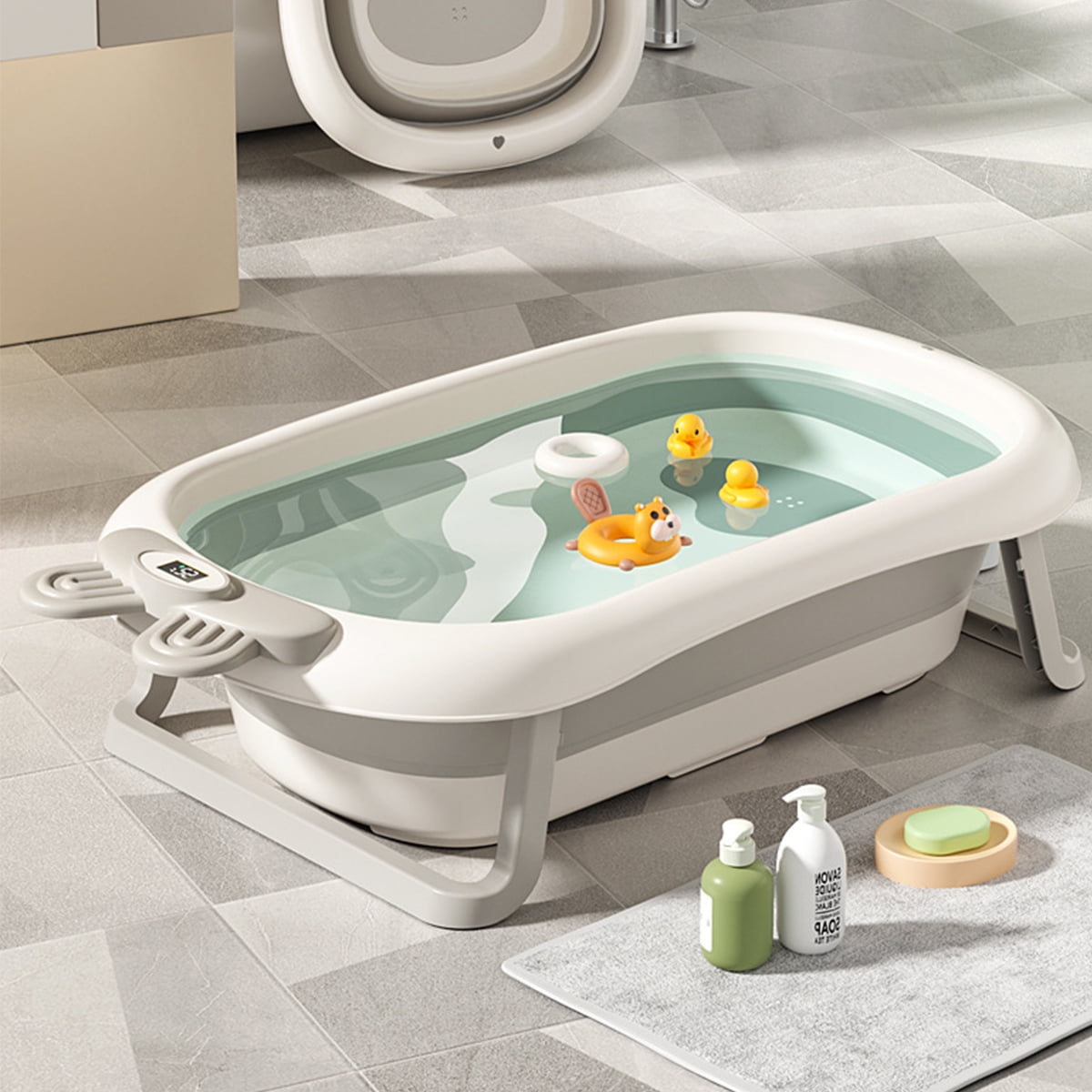 PUEDO Enlarged Collapsible Baby Bathtub for Infants to Toddler, with Thermometer, 3 Wash Basin and Bathing Net Cushion