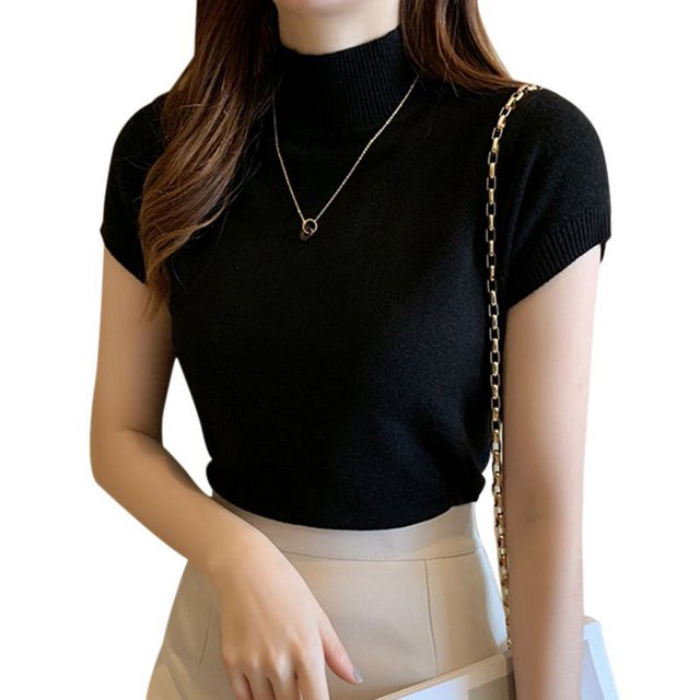 Chemises Demi-Col Roulé à Manches Courtes pour Femmes Tops Tricotés Tops Chemises Slim