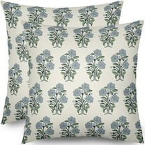 Blue Green Floral Block Print Pillow Covers 16x16 Set of 2 Chinoiserie Flower Leaves Outdoor Decorative Throw Pillows Farmhouse Pillowcases Linen Cushion Case Decor for Home Sofa Couch Bed