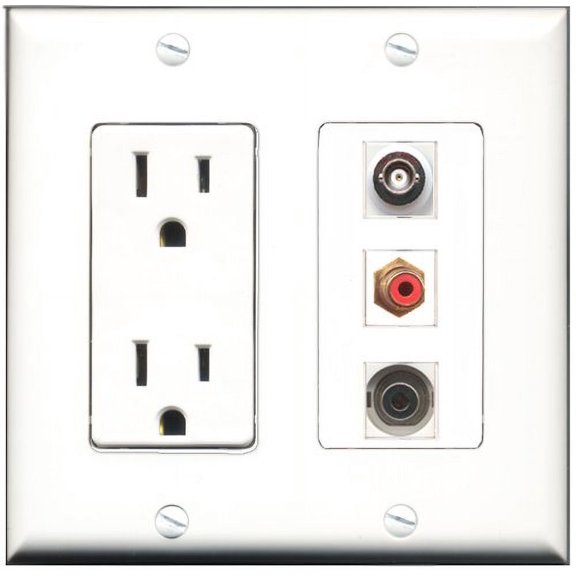 RiteAV - 15 Amp Power Outlet 1 Port RCA Red 1 Port 3.5mm 1 Port BNC Decorative Wall Plate