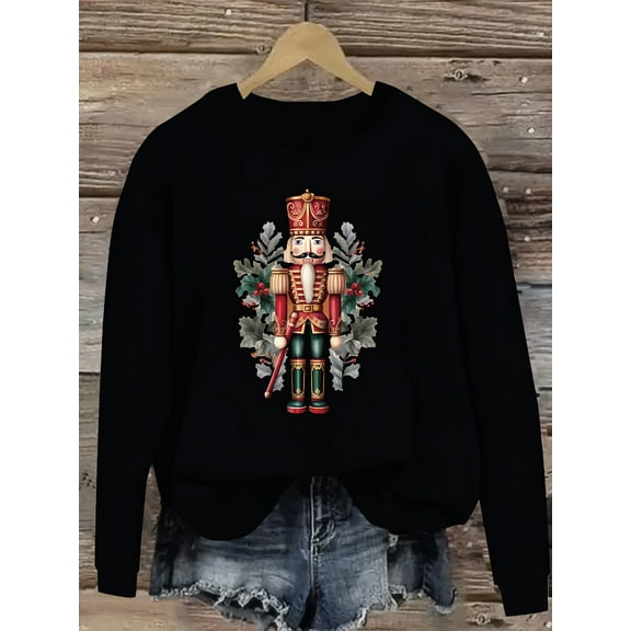 Women's Christmas Nutcracker and Holly Print Loose Sweatshirt - Black Comfortable Crew Neck Pullover, Autumn Winter Holiday Casual Top, Machine Washable, Warm and Cozy, Christmas Style, Com