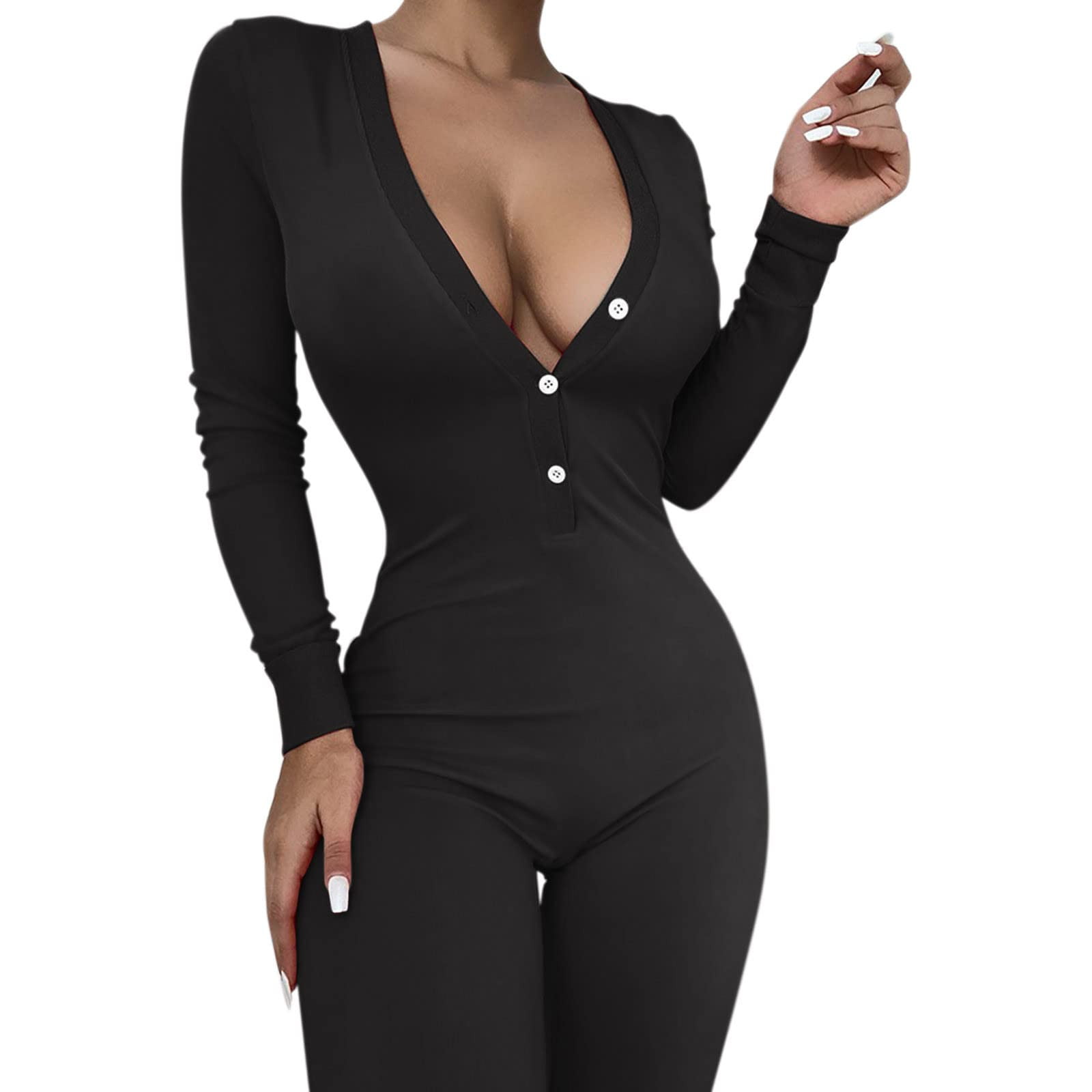 Chiccall Women's Sexy V-Neck Onesie Pajamas, Super Seductive Butt Button  Back Flap Jumpsuit Loungewear, Christmas Gifts for Girlfriends and Lovers 