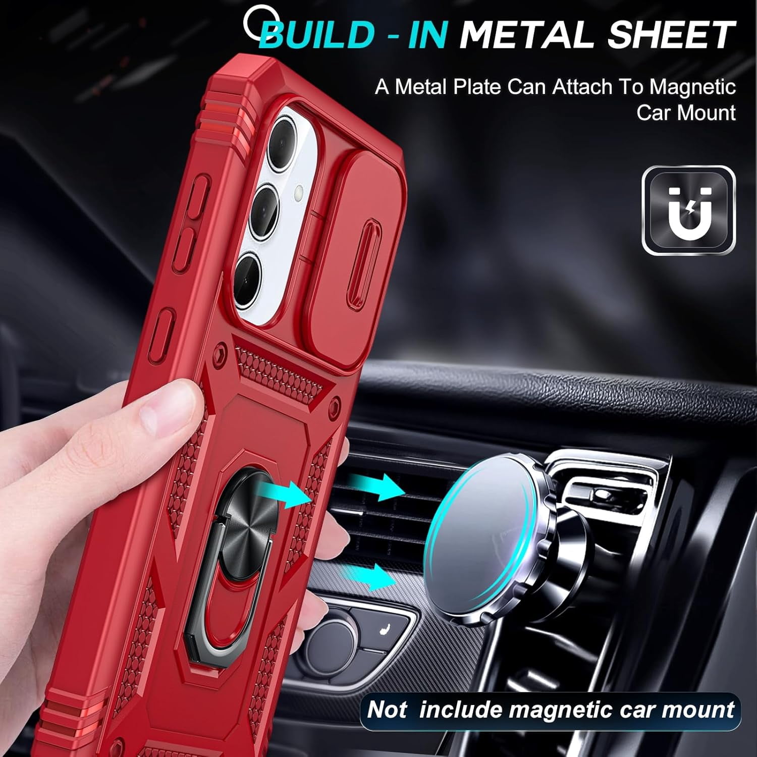 RGHJAR-Compatible for Samsung Galaxy A35-5G Case: Galaxy A35 5G Phone Case with Screen Protector X2, Camera Cover & Magnetic Satnd, Full Body Protection Cell Android Funda para Samsung A 35 5G, Red