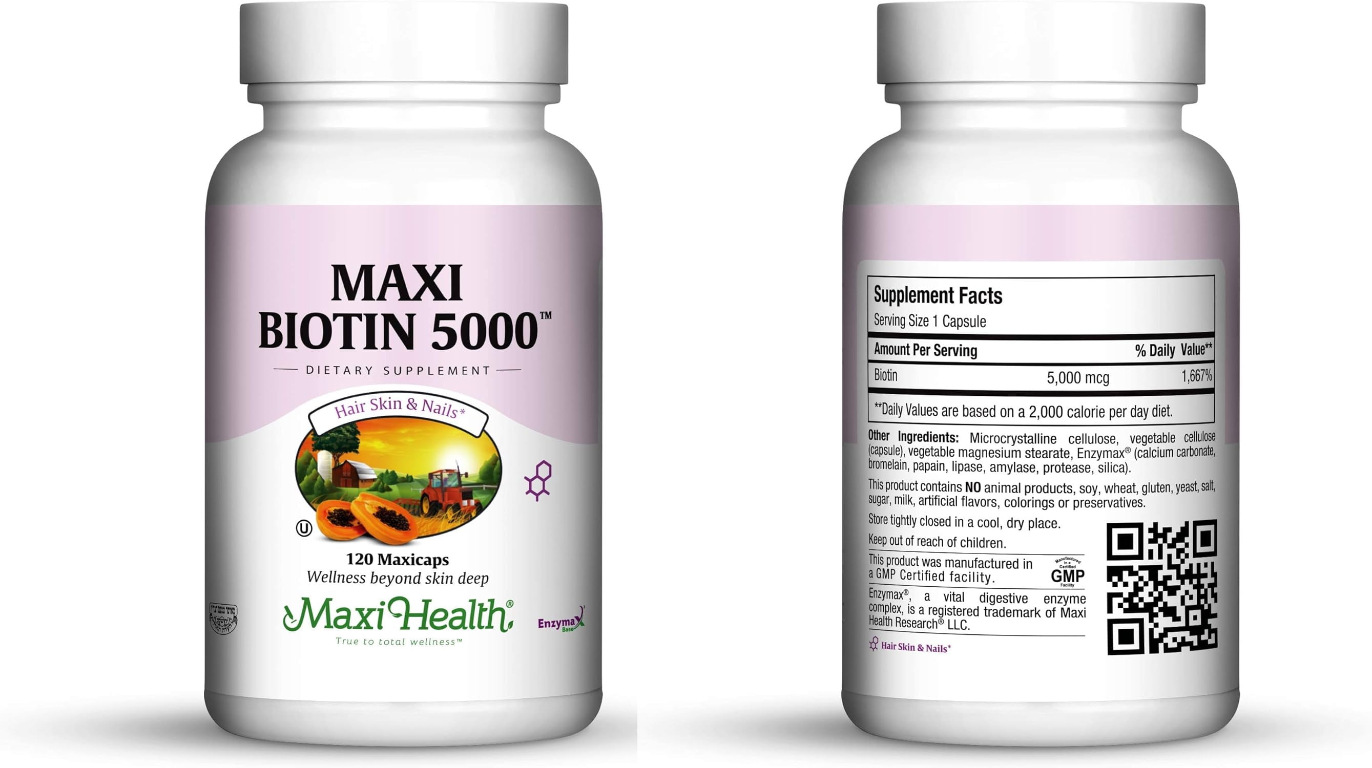 Maxi Health Biotin 5000 mcg – Hair, Skin & Nails Supplement – Vegetarian Capsules – 120 Count