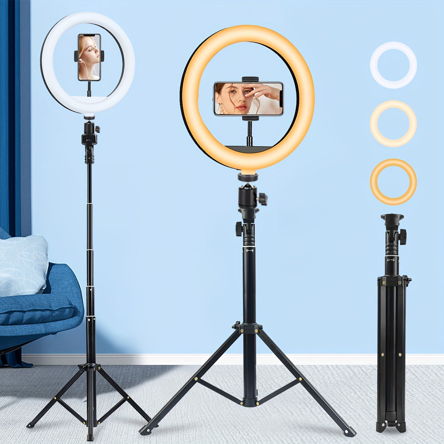 10/12'' Circular Selfie Ring Light, Desk Tripod And Phone Stand, Adjustable Height Ranging from 15 to 43 Inches, Dimmable LED Circular Light for Selfie Photography, Makeup, And Youtube